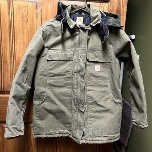 Carhartt Womens Hooded Canvas Duck Chore Coat Quilted Lined Green Size Med.